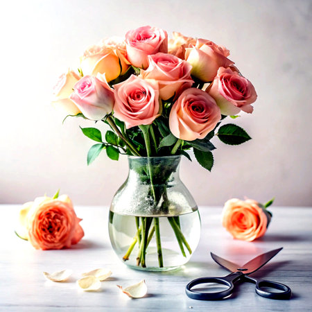 Bouquet of pink and orange roses in a glass vase on a light backgroundの素材