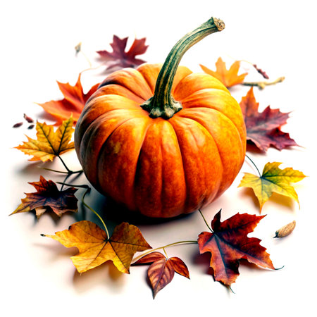 Pumpkin and autumn leaves on a white background. Autumn harvest.の素材