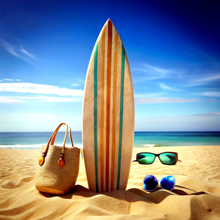 Surfboard, sunglasses and bag on the beach. Collage.の素材