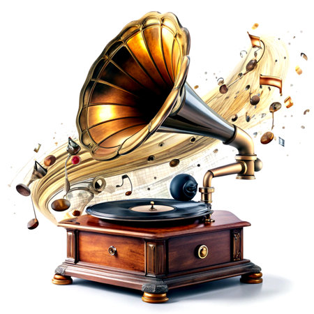 Vintage gramophone with musical notes isolated on white background. 3d illustrationの素材