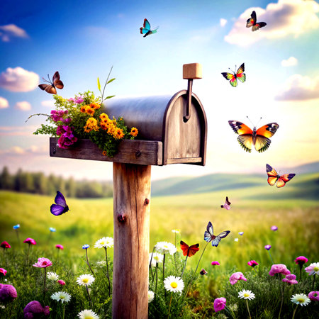 Mailbox with flowers and butterflies flying in the sky. Nature backgroundの素材