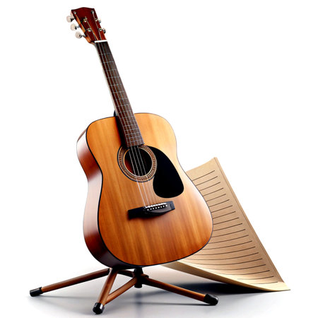 Acoustic guitar on a stand with a book on a white backgroundの素材