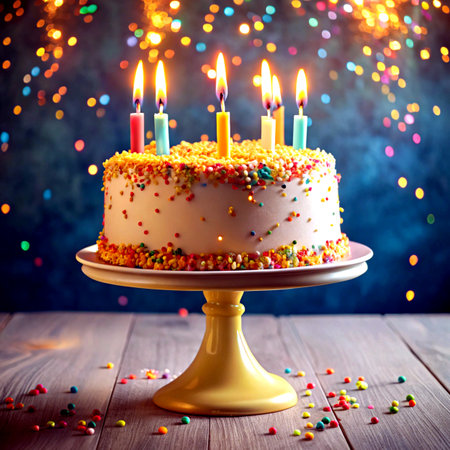 Birthday cake with burning candles on wooden background. Toned.の素材