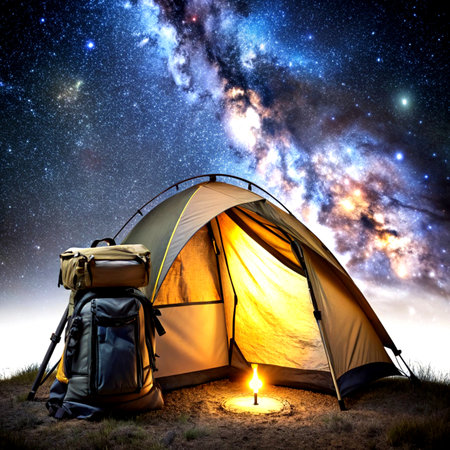 Camping in the night starry sky with a bonfire.の素材
