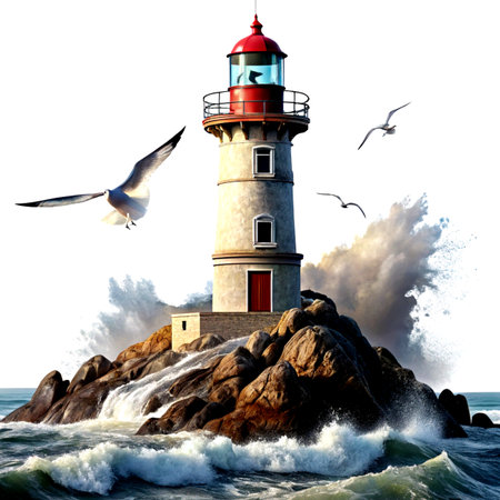 Lighthouse on the rocks in the sea with seagullsの素材