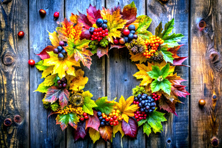 Autumn wreath with berries and leaves on rustic wooden backgroundの素材