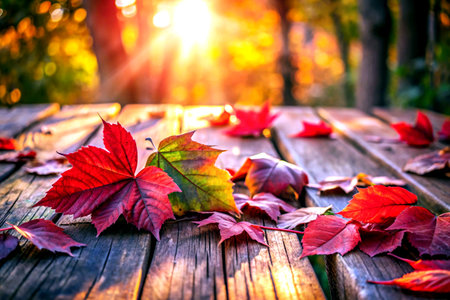 Autumn leaves on wooden table in forest. Beautiful nature background.の素材