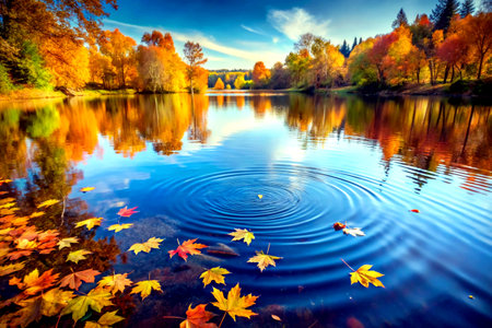 Autumn landscape with lake and colorful forest. Composition of nature.の素材