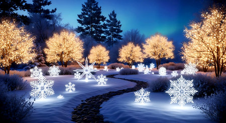 Winter landscape with snowflakes and trees. 3d illustration.の素材