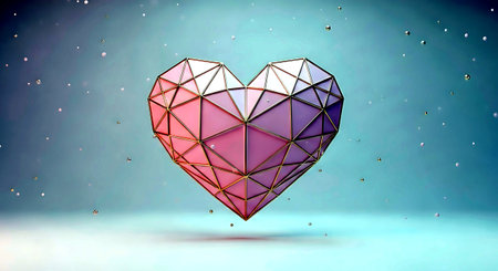 3D rendering of a pink heart on a blue background with starsの素材