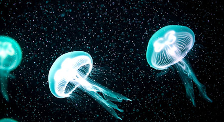 Blue jellyfish on black background, 3d rendering. Computer digital drawing.の素材