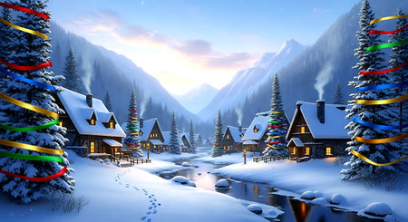 Fantastic winter landscape with wooden houses in the mountains. 3d renderingの素材