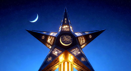 3D CG rendering of Star and crescent moon at night.の素材