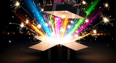 Open gift box with fireworks and sparklers on dark background 3D renderingの素材