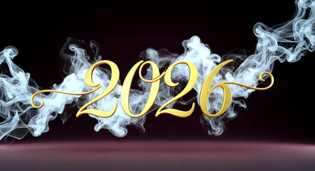 Happy New Year 2016. Gold numbers with white smoke on black backgroundの素材