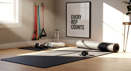 Interior of a fitness room with yoga mat and fitness equipment, 3D renderingの素材