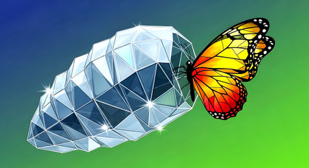 Transparent polygonal cloud with a butterfly on a green backgroundの素材