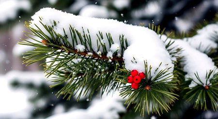 Christmas tree branch with red berries covered with snow. Winter background.の素材