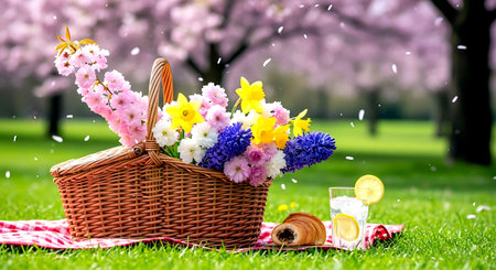Picnic basket with spring flowers and croissants on green grassの素材