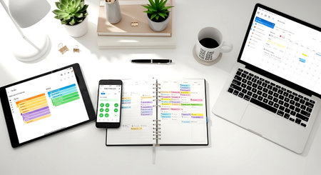Workplace with tablet pc, notebook and mobile phone. 3d rendering.の素材
