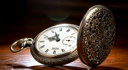 Vintage pocket watch on wooden table. Time concept. Selective focus.の素材