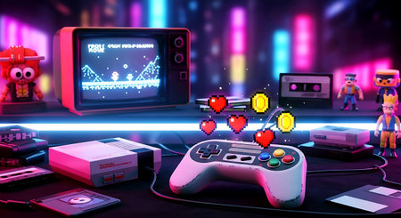 Video game console with joysticks in neon light 3d illustration.の素材