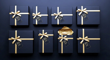 Black gift boxes with gold ribbons on dark background. 3d renderの素材