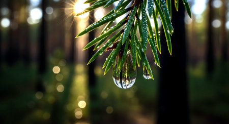 Water droplets on the branches of a pine tree in the forestの素材