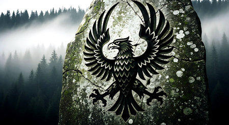 3D rendering of an eagle tattoo on a stone in the mountainsの素材