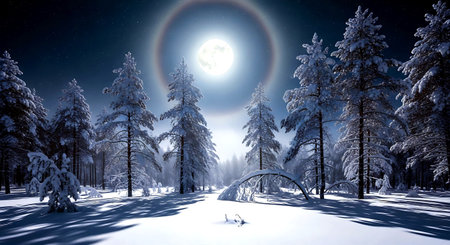Fantasy winter landscape with snowy trees, bridge and full moon.の素材