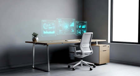 Modern office interior with computers and charts on the wall 3D renderingの素材