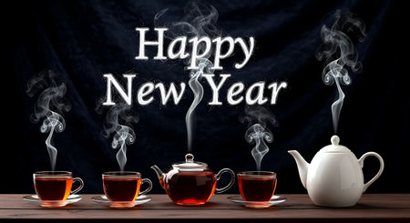 Cup of tea and teapot with Happy New Year signの素材