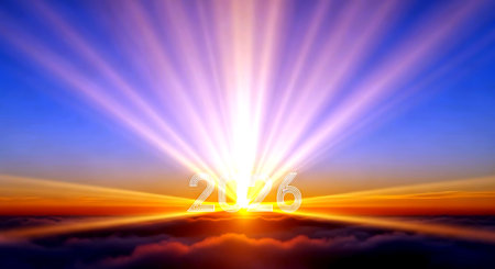 Happy new year 2016 with sunrise and clouds. 3D illustration.の素材