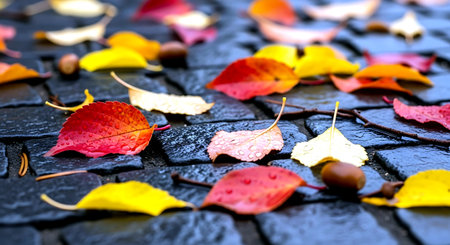 Colorful autumn leaves on black stone background with shallow depth of fieldの素材