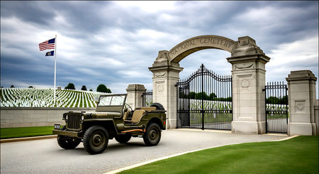 American military jeep in front of the Memorial Gate at Arlington National Cemeteryの素材