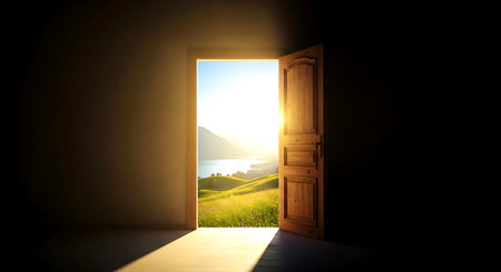 Open door to the sea and mountains at sunset. 3D renderingの素材