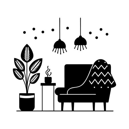 Living room interior with armchair, lamp and plant. Vector illustration in flat styleのイラスト素材