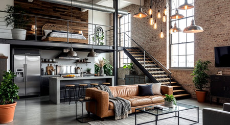 Modern loft interior design. 3d rendering, 3d illustration.の素材