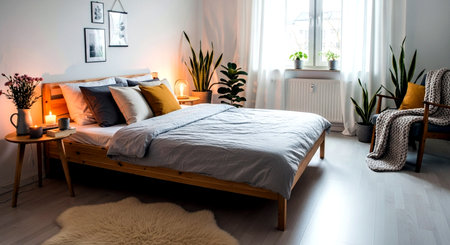 Luxury bedroom interior with wooden bed, pillows and plantsの素材