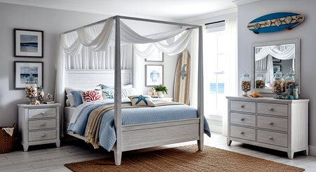 3d render of a bedroom interior with a bed and a mirrorの素材