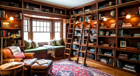 Interior of a luxury home library with bookshelves and booksの素材
