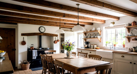 Interior of a rustic kitchen in a country house with wooden ceilingの素材