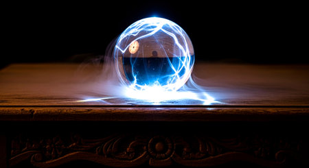 Magic crystal ball on wooden table. Light effects. Space for your text.の素材