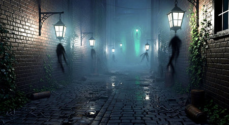 Foggy alley in the old town at night. 3D renderingの素材