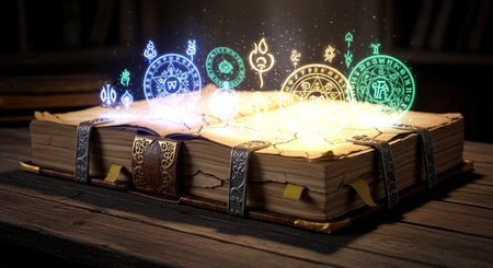 Magic book with alchemy symbols on dark background. 3D renderingの素材