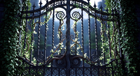 Black wrought iron gate with green ivy in the background. Selective focus.の素材