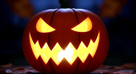 Halloween pumpkin head jack o lantern on blurred background, closeupの素材