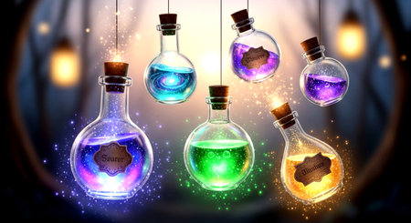 Colorful magic potion bottles with magic elixir on colorful bokeh backgroundの素材