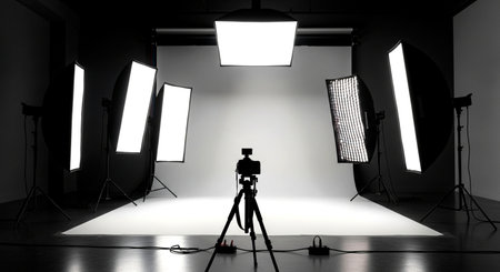 Photography studio with professional equipment and lighting equipment. 3d renderingの素材