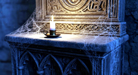Cup of coffee with spider web and burning candle on dark backgroundの素材